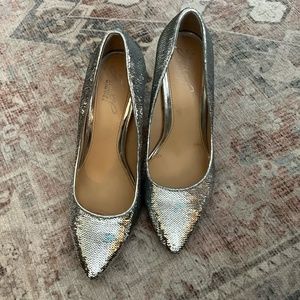 Badgley Mischka Silver Sequinned Block Heels